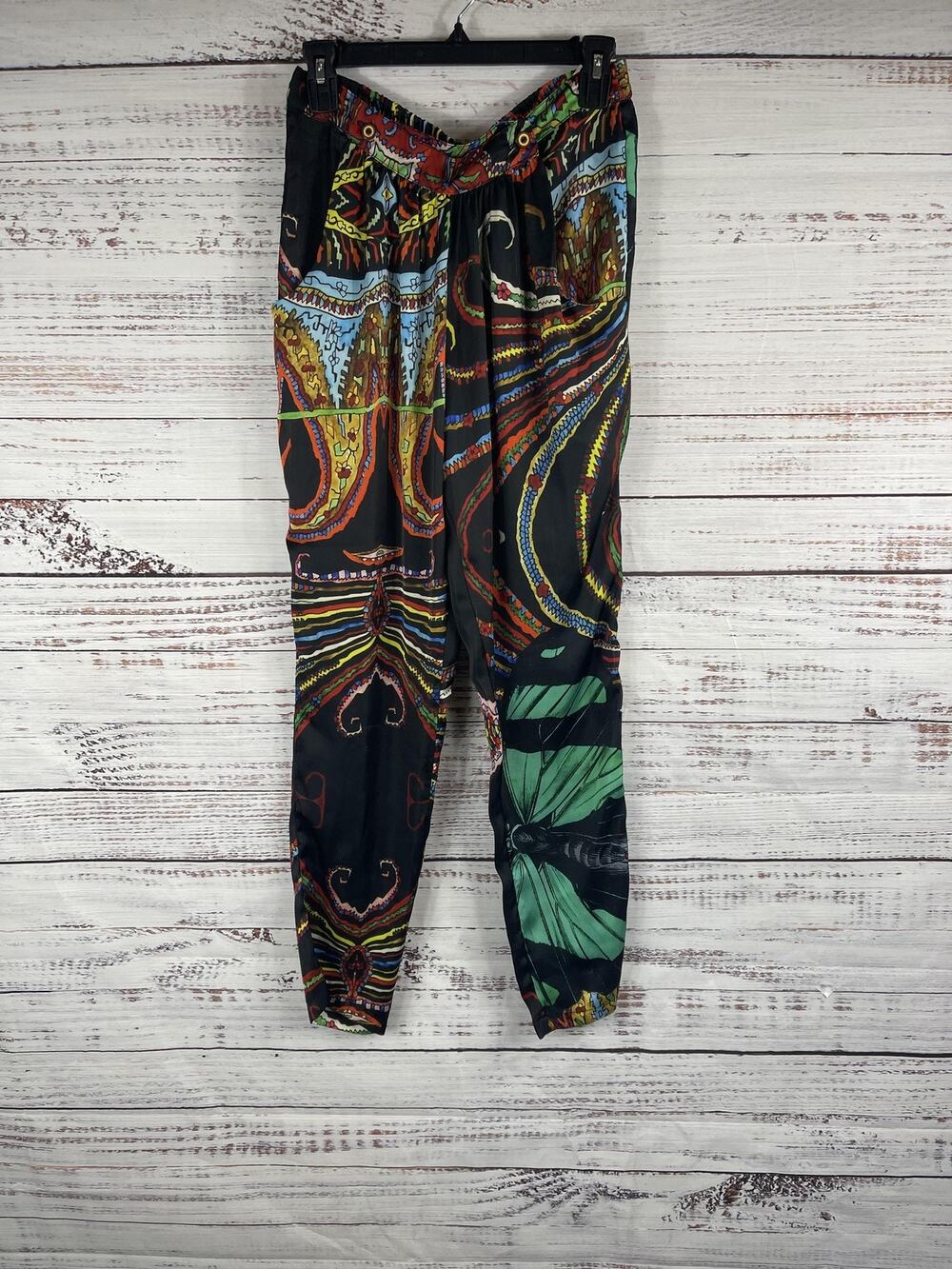 Desigual Pants Womens 28 Black Multicolor Abstract Tapered Joggers Elastic Waist
